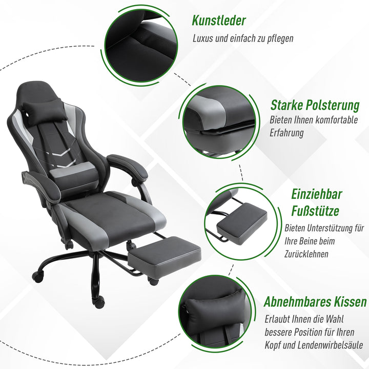 Ergonomisk gamingstol, kontorstol, skrivebordsstol, drejestol, højdejusterbar, justerbar lændehynde med fodstøtte, sort, 62 x 52 x 128 cm