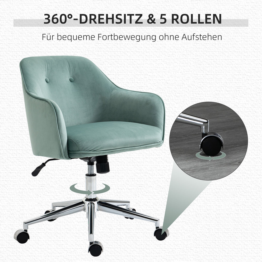 Kontorstol med knaplukning, højdejusterbar, gyngefunktion, fløjlslook, 61 cm x 59 cm x 90,5 cm, turkis