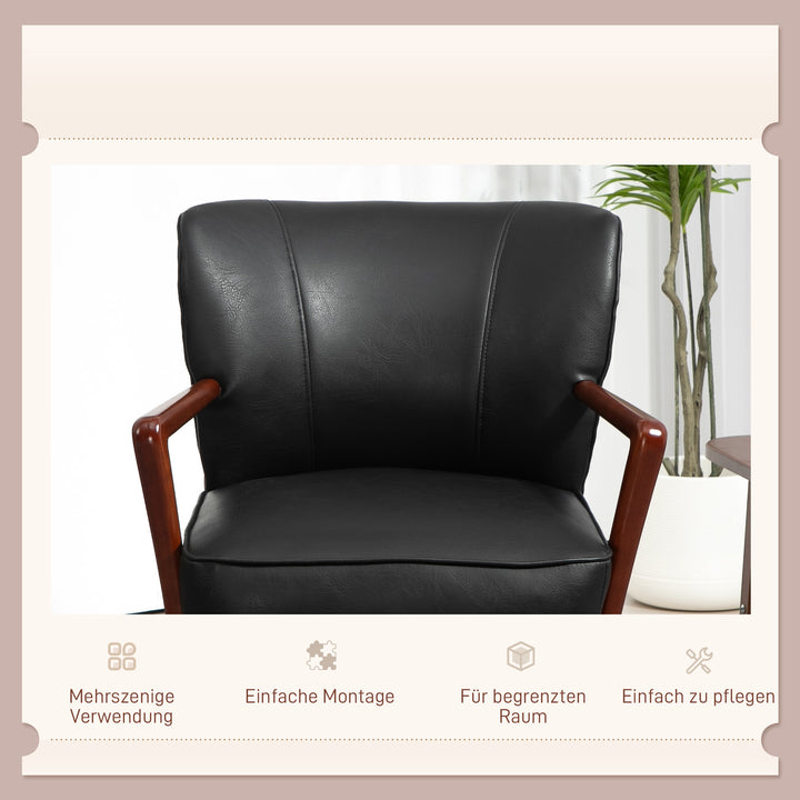Accentstol, bredt sæde, læderlook, træramme, op til 120 kg, 67 x 77 x 80 cm, sort