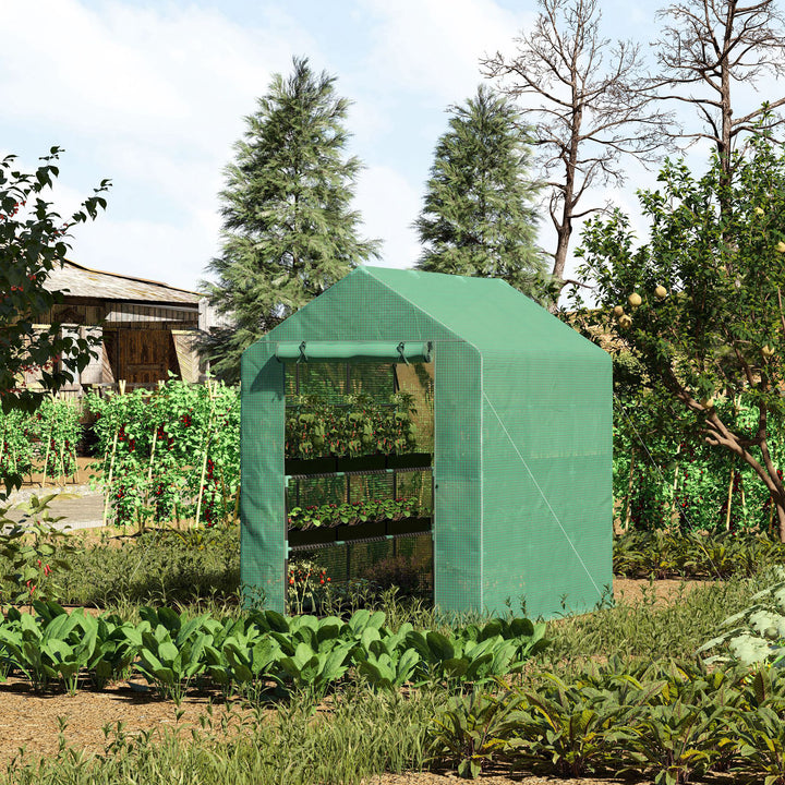 Plastikdrivhus, walk-in drivhus med 8 hylder, tomatdrivhus, drivhus, kold ramme med dør, grøn stål, pe-plast 214 x 143 x 195 cm