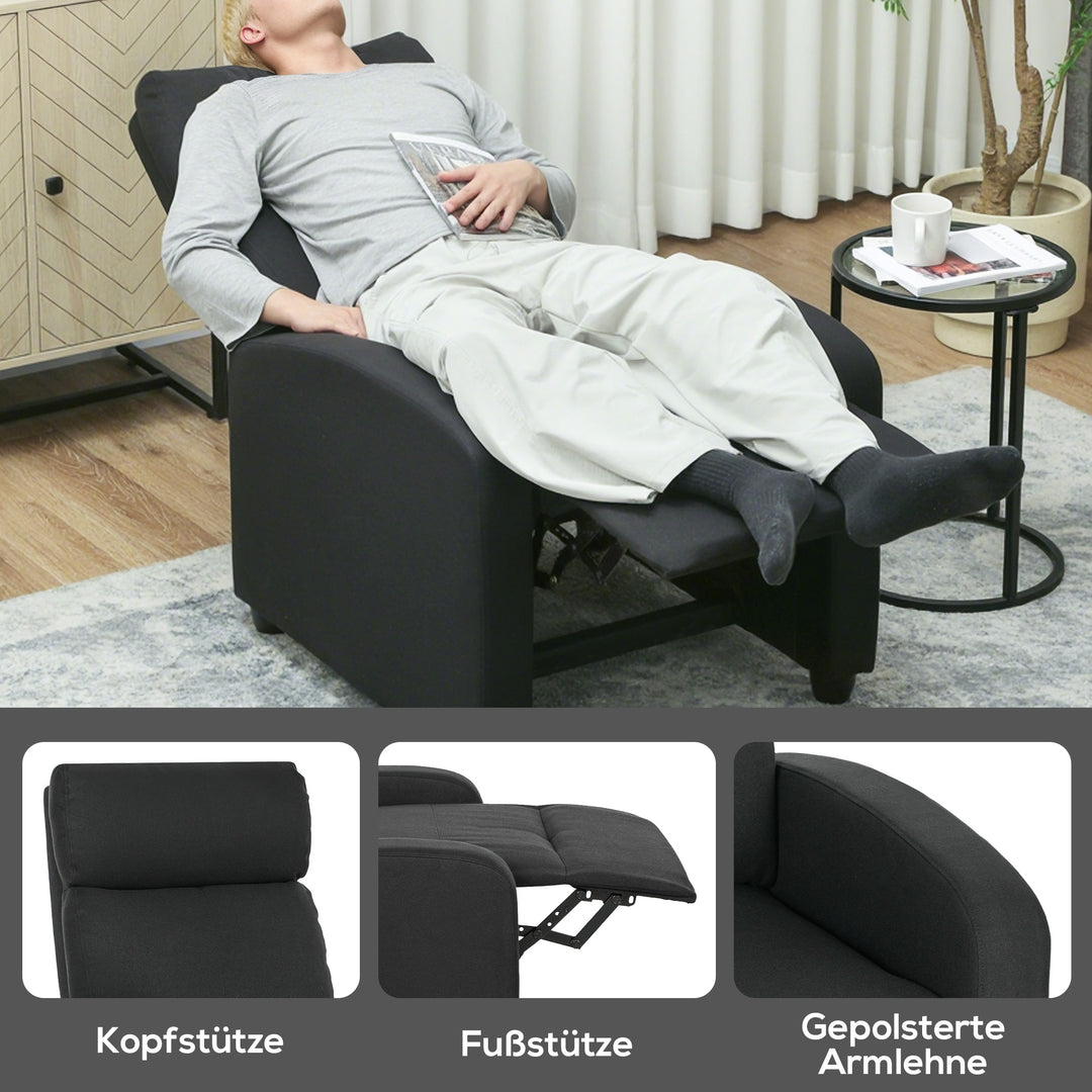Lænestol, justerbar 135°, udtrækkelig fodstøtte, polstrede armlæn, hør-polyester, sort