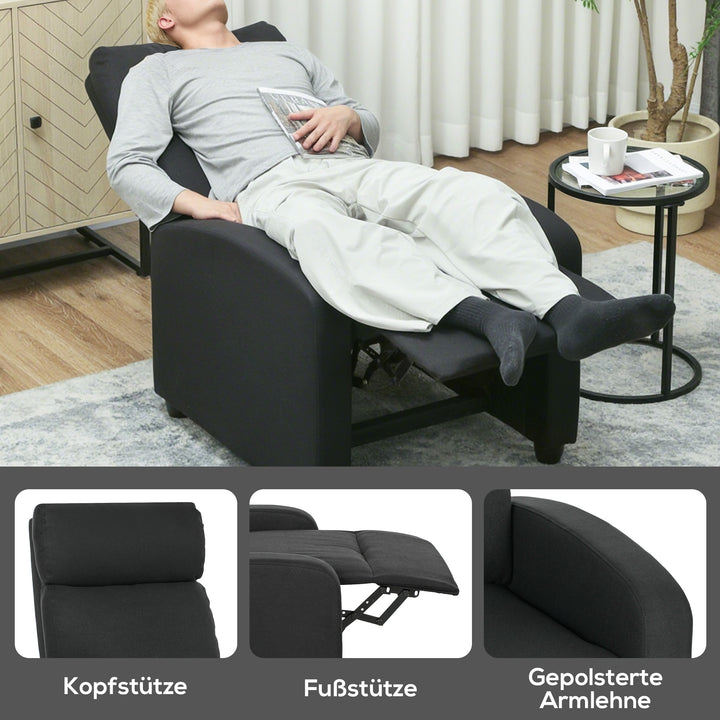 Lænestol, justerbar 135°, udtrækkelig fodstøtte, polstrede armlæn, hør-polyester, sort