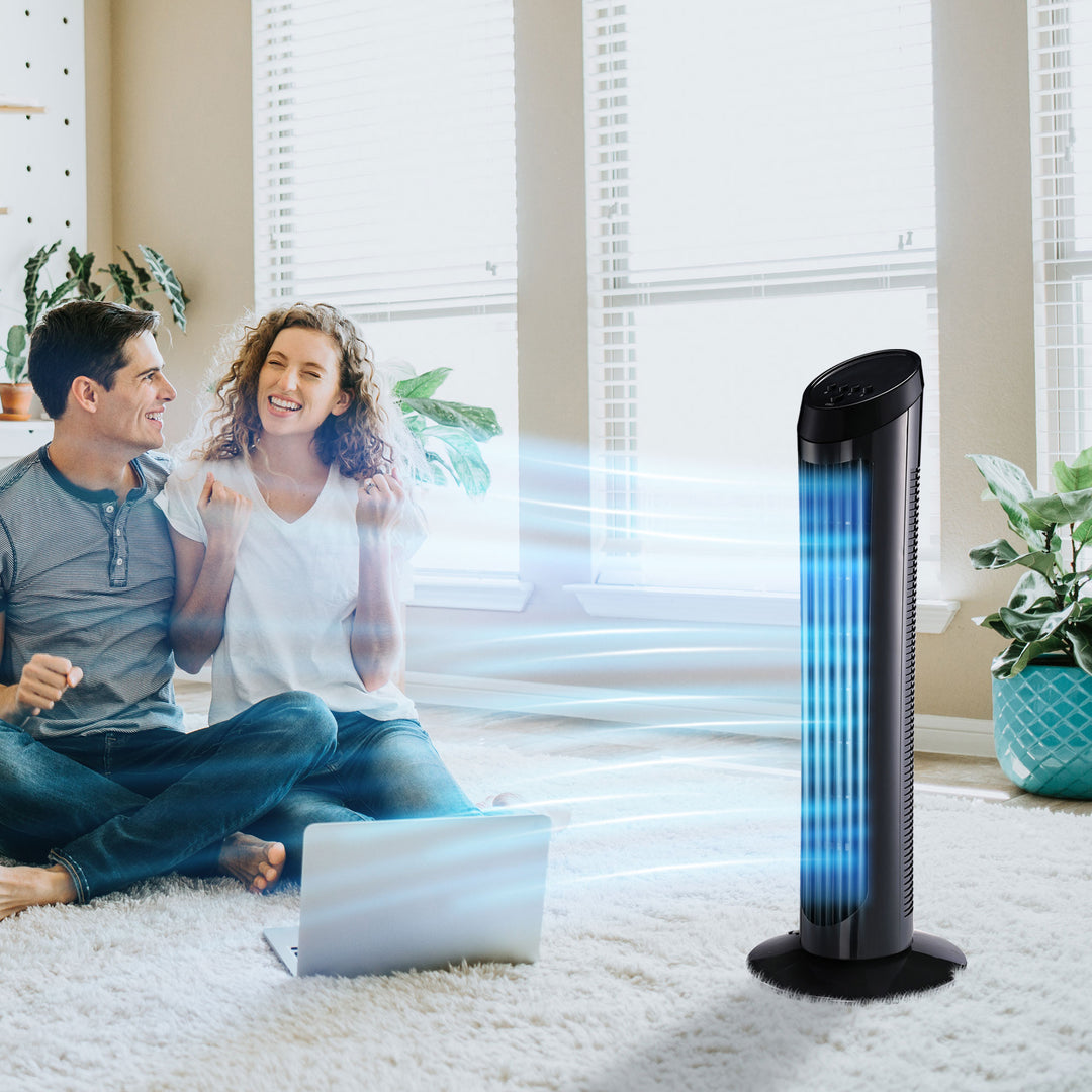 45W tårnventilator, stille design, 3 hastighedsindstillinger, 70° oscillation, ABS, sort, Ø27 x H75 cm