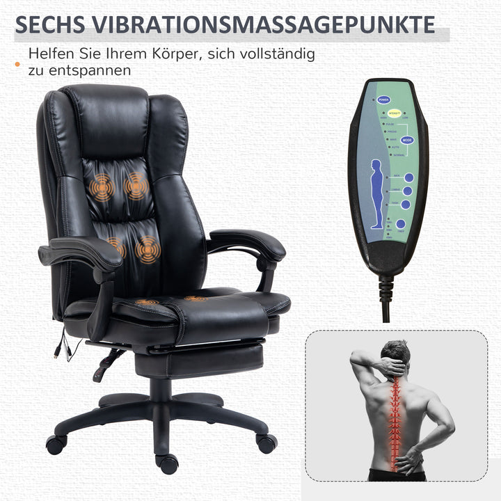 Justerbar drejestol med fodstøtte, nakkestøtte, massagefunktion, kunstlæder, 68,5 x 68,5 x 113-121 cm, sort