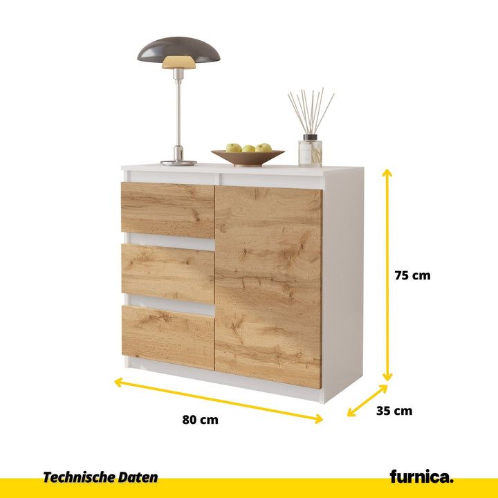 MIKEL - Kommode med 3 skuffer - mat hvid / naturfarvet H75cm B80cm D35cm