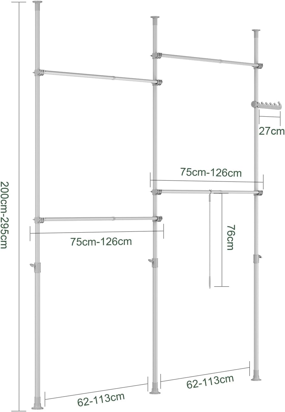 Teleskopisk tøjstativ, robust tøjstang, justerbar åben garderobe til soveværelse, garderobestativ, lysegrå