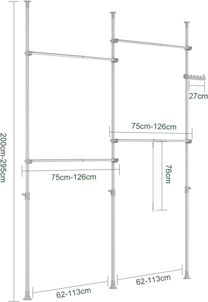 Teleskopisk tøjstativ, robust tøjstang, justerbar åben garderobe til soveværelse, garderobestativ, lysegrå