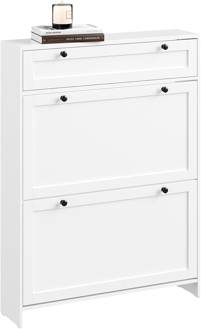 Smalt hvidt skoskab – plads til op til 8 par sko, med skuffer og foldedøre, ideelt gangmøbel til små lejligheder, 80 × 19 × 107 cm