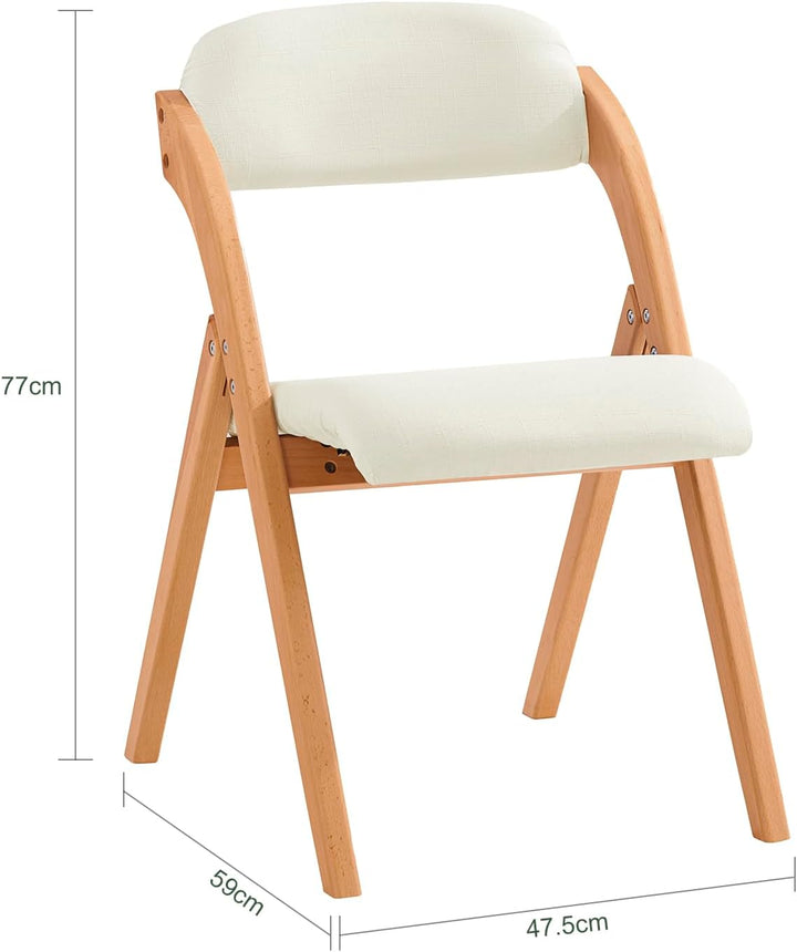 Sæt med 2 sammenklappelige, polstrede træstole i hvid – ergonomiske og pladsbesparende køkken- og spisebordstole, 47,5 × 77 × 59 cm