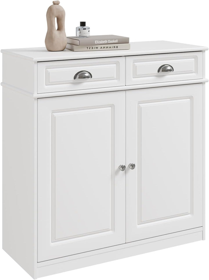 Elegant skoskab & kommode – plads til 12-15 par sko – justerbare hylder & 2 skuffer – hvid MDF