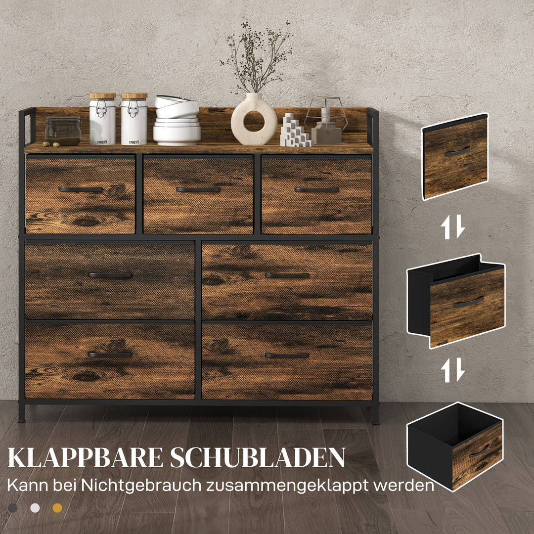Kommode, skænk med 7 stofskuffer, industrielt design, stålstel, 98 x 29 x 85 cm, brun/sort
