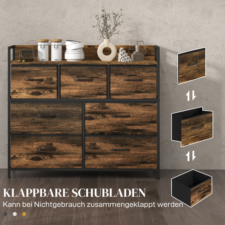 Kommode, skænk med 7 stofskuffer, industrielt design, stålstel, 98 x 29 x 85 cm, brun/sort