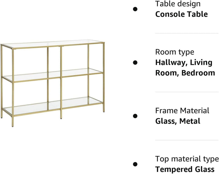 Konsolbord med 3 hylder, hærdet glas, 100x30x73 cm, guldfarvet