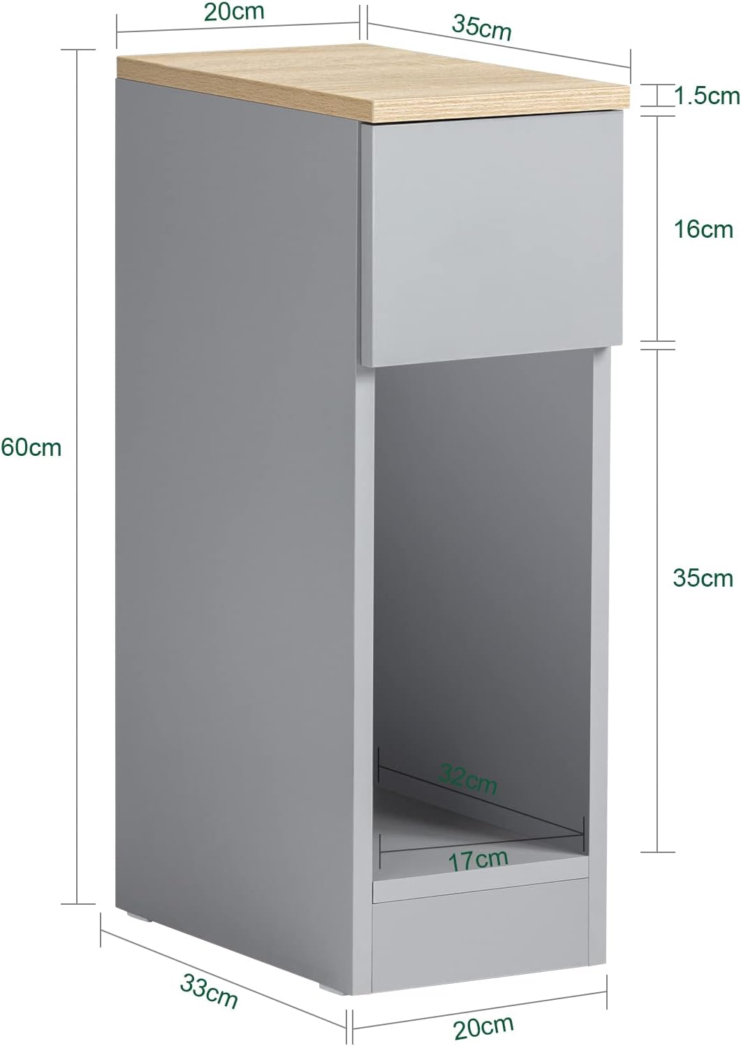 Smalt gråt sengebord på 20 cm, pladsbesparende natbord med skuffe til små rum