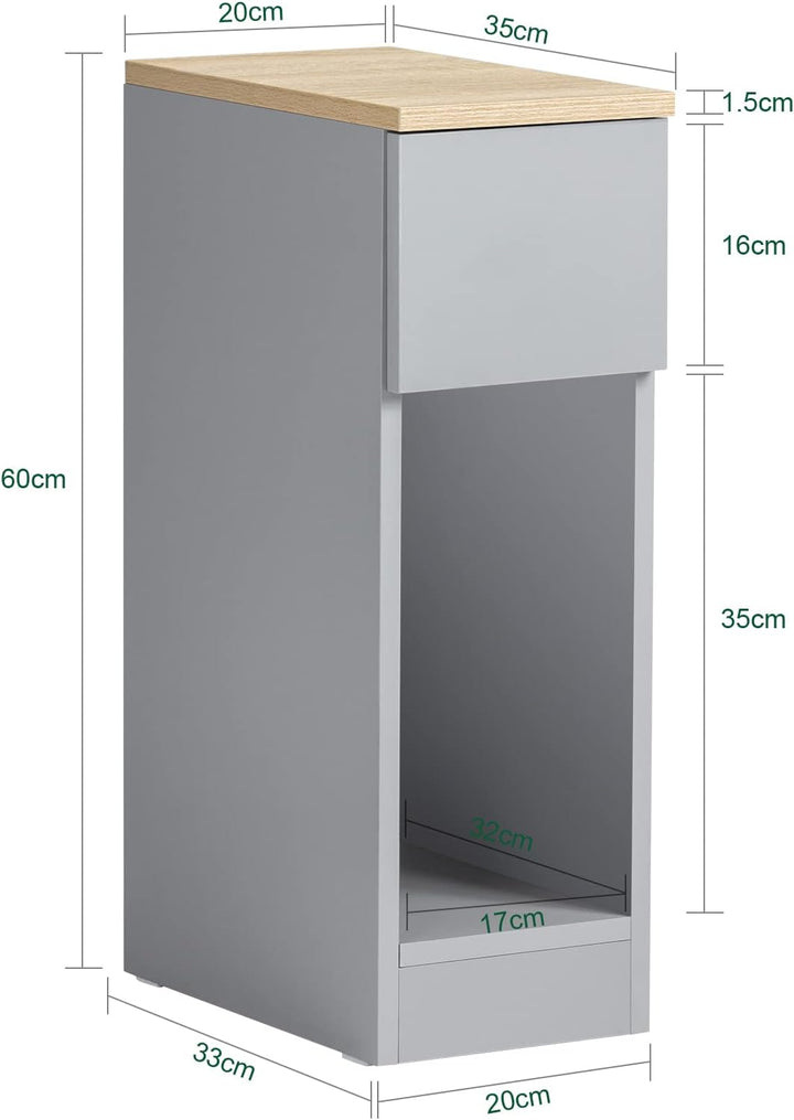 Smalt gråt sengebord på 20 cm, pladsbesparende natbord med skuffe til små rum