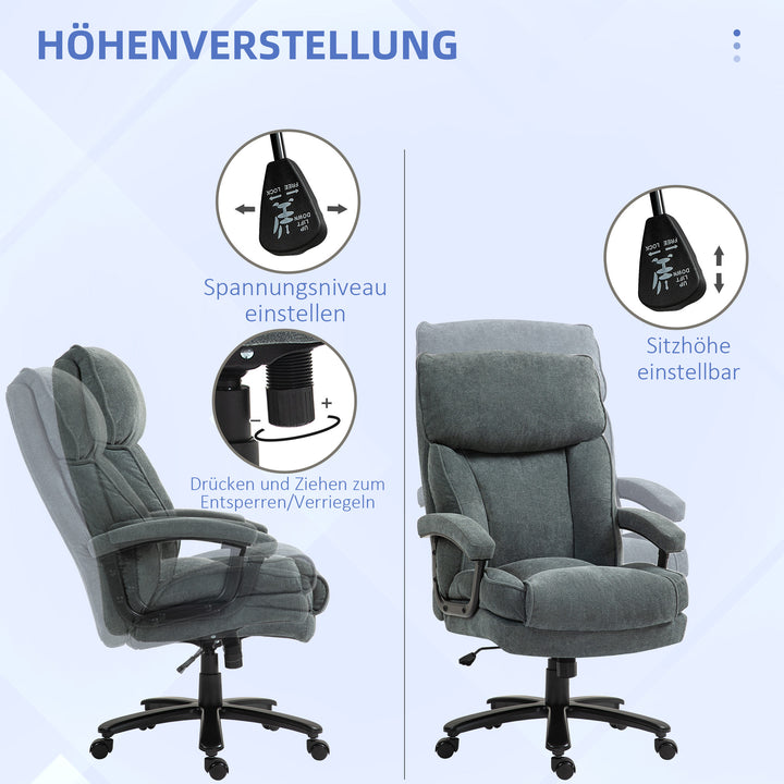 Stor høj kontorstol, 200 kg bæreevne, robust konstruktion, blødt betræk, grå