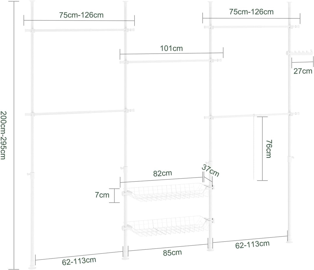 Teleskopisk tøjstativ i hvid – robust, justerbar åben garderobe med hylder