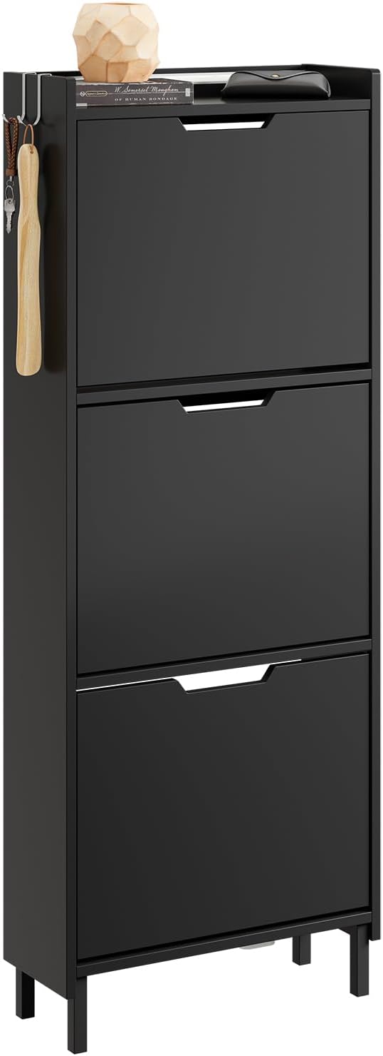 Smalt skoskab med sensorlys – sort nordisk design