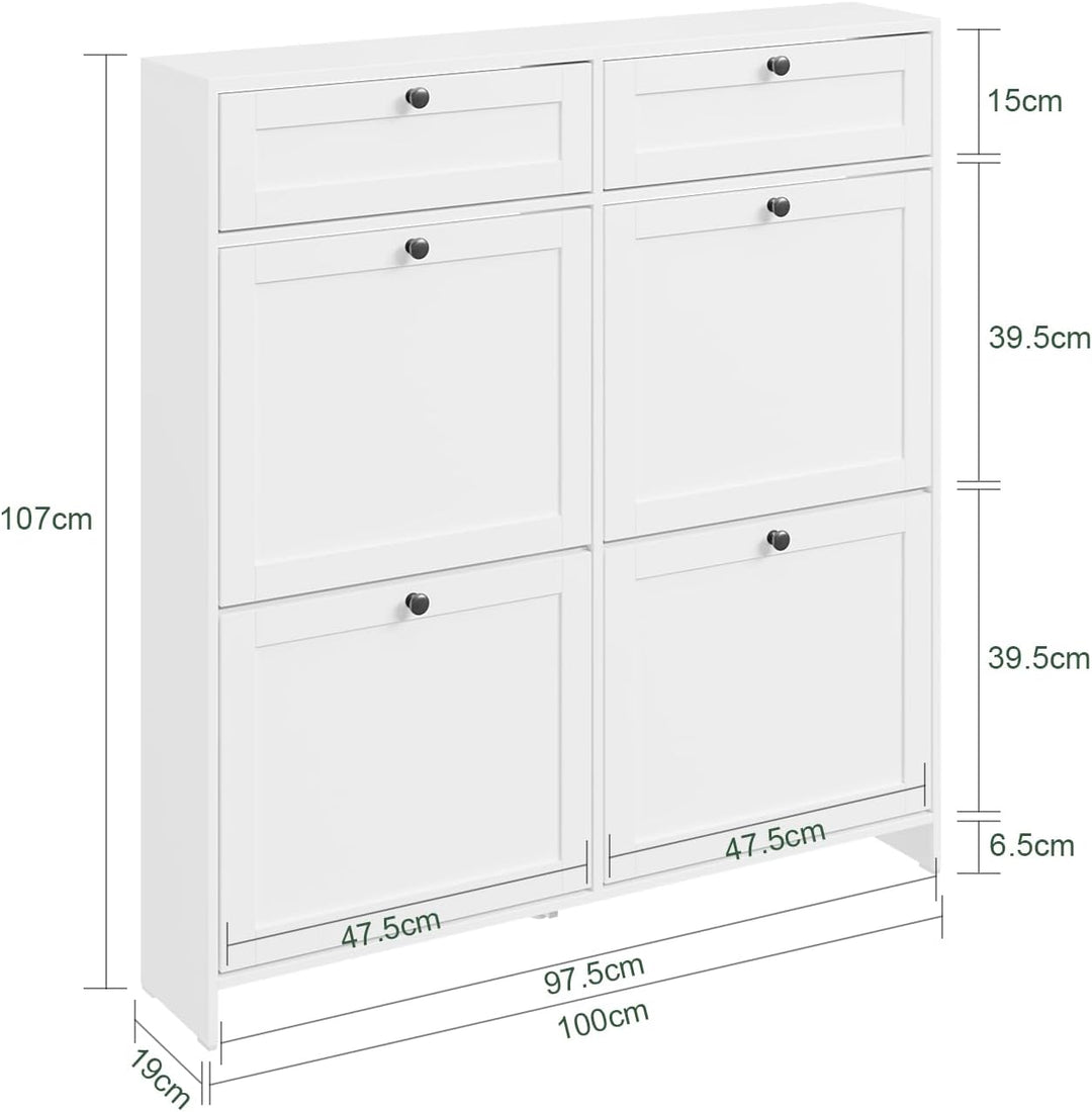 Smalt hvidt skoskab – moderne, pladsbesparende med plads til 12 par, inkl. anti-vippeanordning og silikonefødder, 100 × 19 × 107 cm