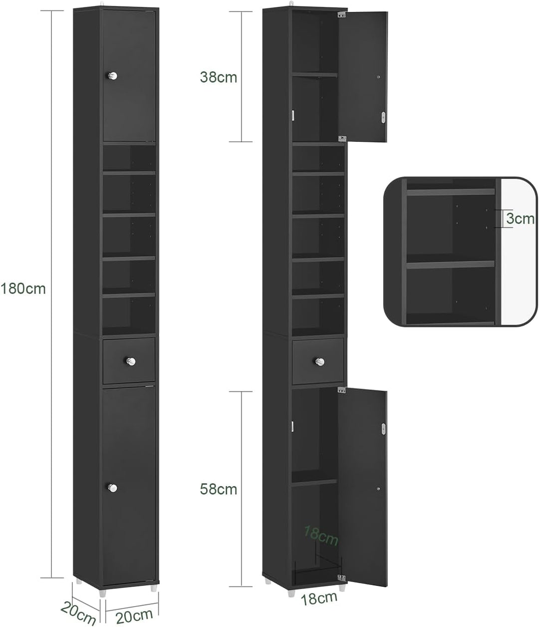 Sort, slankt badeværelsesskab i massivt træ – fritstående med justerbare hylder, 20D x 20B x 180H
