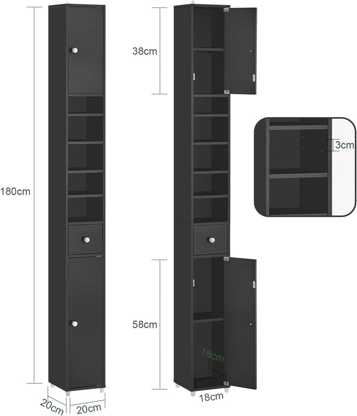 Sort, slankt badeværelsesskab i massivt træ – fritstående med justerbare hylder, 20D x 20B x 180H