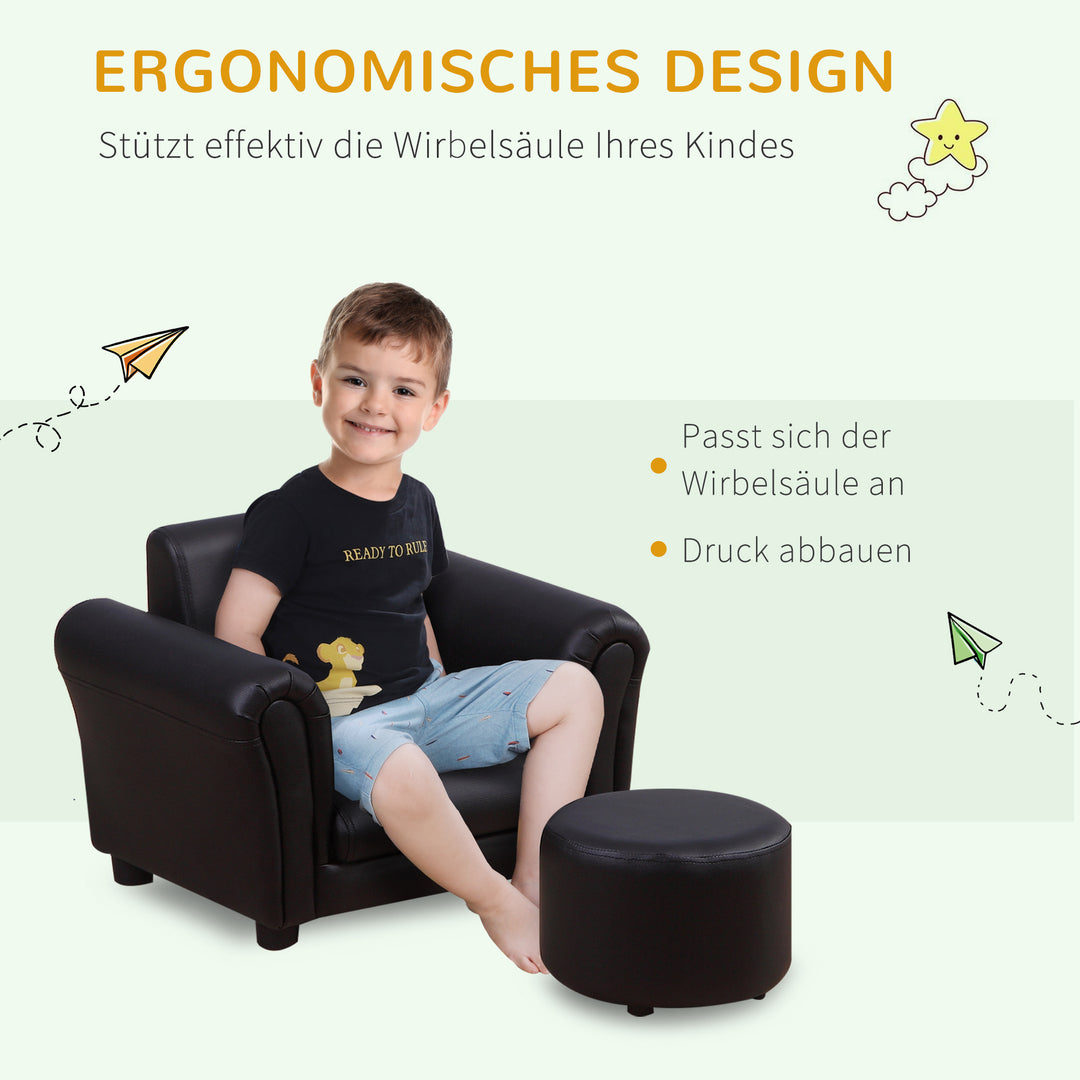 Børnelænestol med fodskammel, børnesofa, børnesofa, minisofa til 1,5-3 år gamle børn, børnemøbler, træ, sort, 54 x 42 x 41 cm