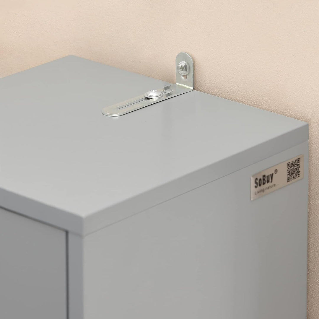 Smalt badeværelsesskab i træ – fritstående med justerbare hylder, B20 x D20 x H180cm, lysegrå