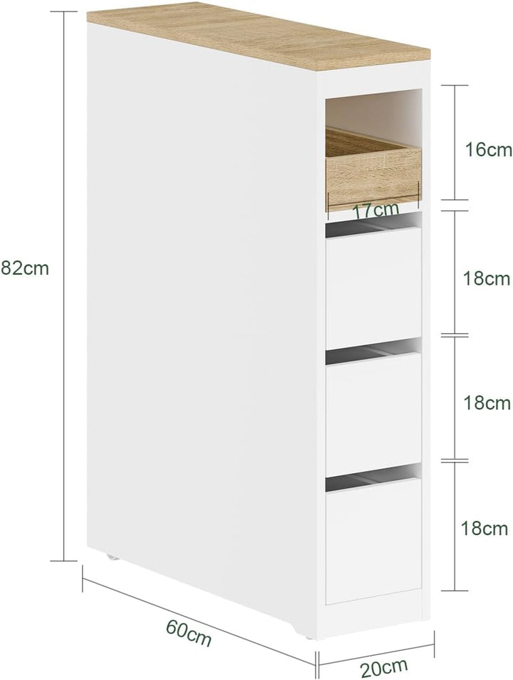 Smalt badeværelsesskab – 20 cm nicheskab med 3 skuffer, kompakt og flytbart til små badeværelser og køkkener, 60 × 20 × 82,3 cm