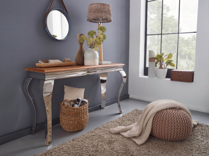 Konsolbord, massivt sheeshamtræ/metal, 130x76,5x42 cm, entrebord, designer stuebord, smalt, skænk/skrivebord, moderne