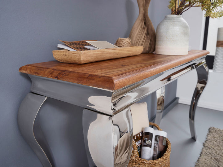 Konsolbord, massivt sheeshamtræ/metal, 130x76,5x42 cm, entrebord, designer stuebord, smalt, skænk/skrivebord, moderne