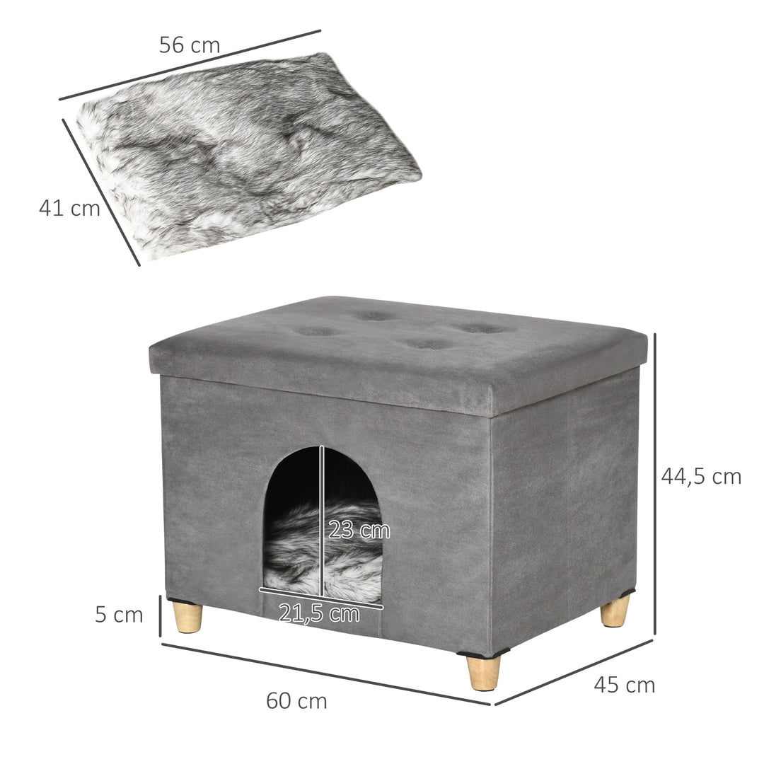 2-I-1 kattehule fodskammel med hynde træben kattehus kattekurv blød polstret fodskammel elegant design aftagelig mdf plys grå 60 x 45 x 44,5 cm