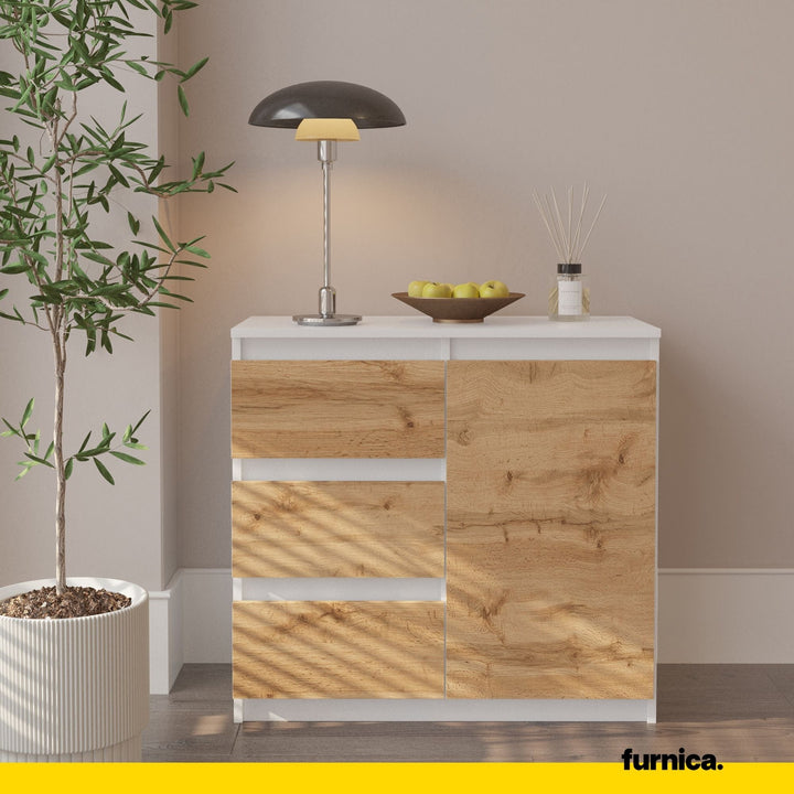MIKEL - Kommode med 3 skuffer - mat hvid / naturfarvet H75cm B80cm D35cm