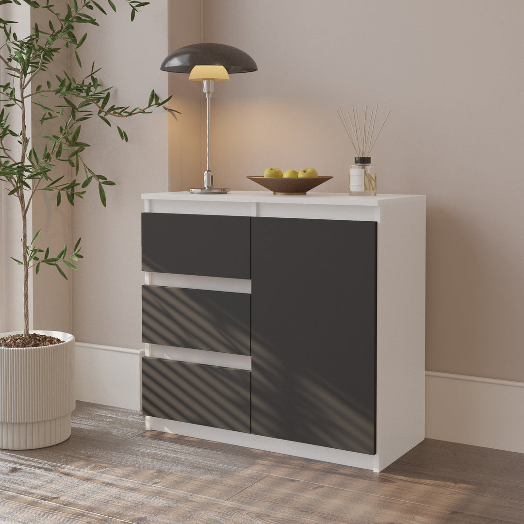 MIKEL – Kommode med 3 skuffer og 1 dør – hvid mat / antracitgrå H75 cm B80 cm D35 cm