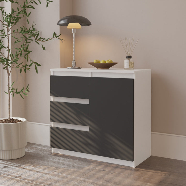 MIKEL – Kommode med 3 skuffer og 1 dør – hvid mat / antracitgrå H75 cm B80 cm D35 cm