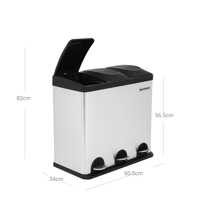 54L affaldsspand, skraldespand, stålspand med pedal og 3 sektioner, indvendige spande, 6 sorteringsmærker, til nem affaldssortering, sølv og sort