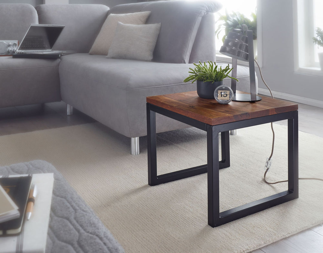 Sidebord 45x40x45 cm Sheesham massivt træ/metal stuebord, industrielt designer træbord, stuebord, lille sofabord i massivt træ