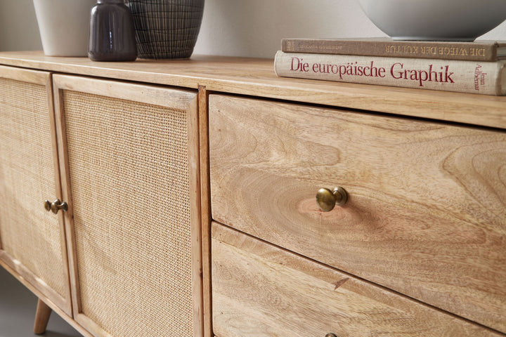 Designer skænk 140x75x40 cm, massivt mangotræ/rattan, kommode med 3 skuffer, høj kommode i massivt træ, stueskab, 2 skuffer med fletdøre