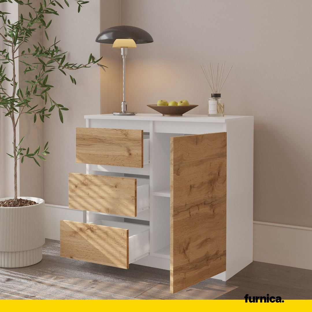 MIKEL - Kommode med 3 skuffer - mat hvid / naturfarvet H75cm B80cm D35cm