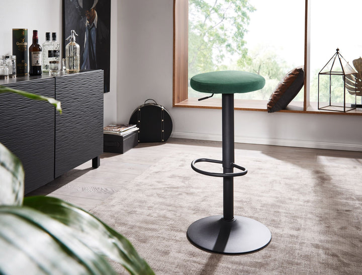 Grøn fløjlsbarstol, rygløs, 58-79 cm; køkkenstol, stof/metal, 100 kg; designerbarstol, barstol, drejelig bistrostol