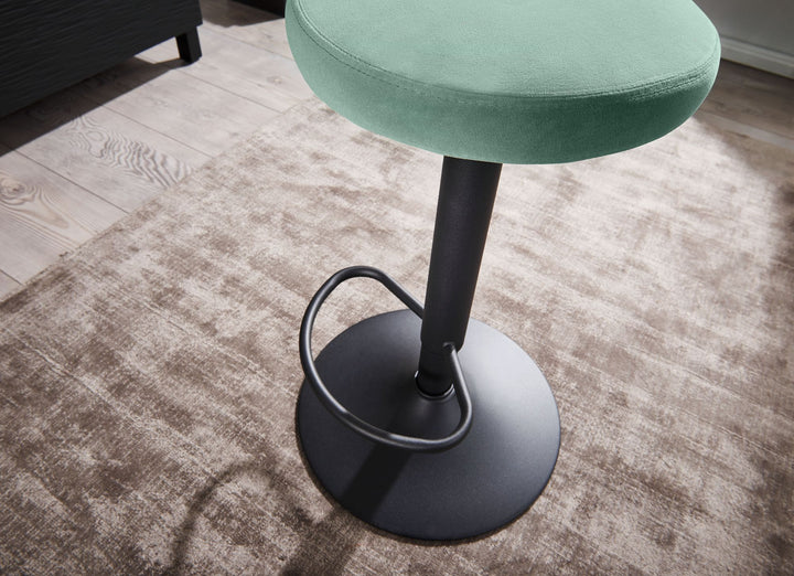 Grøn fløjlsbarstol, rygløs, 58-79 cm; køkkenstol, stof/metal, 100 kg; designerbarstol, barstol, drejelig bistrostol