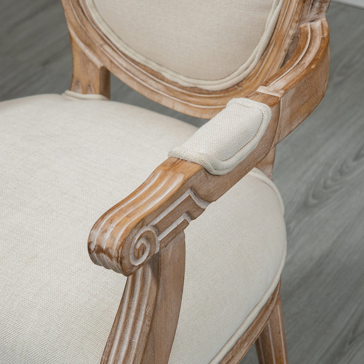 Køkkenstol i antik design med åndbart betræk i hørlook og stel i massivt træ, 56 x 54 x 96 cm, cremehvid