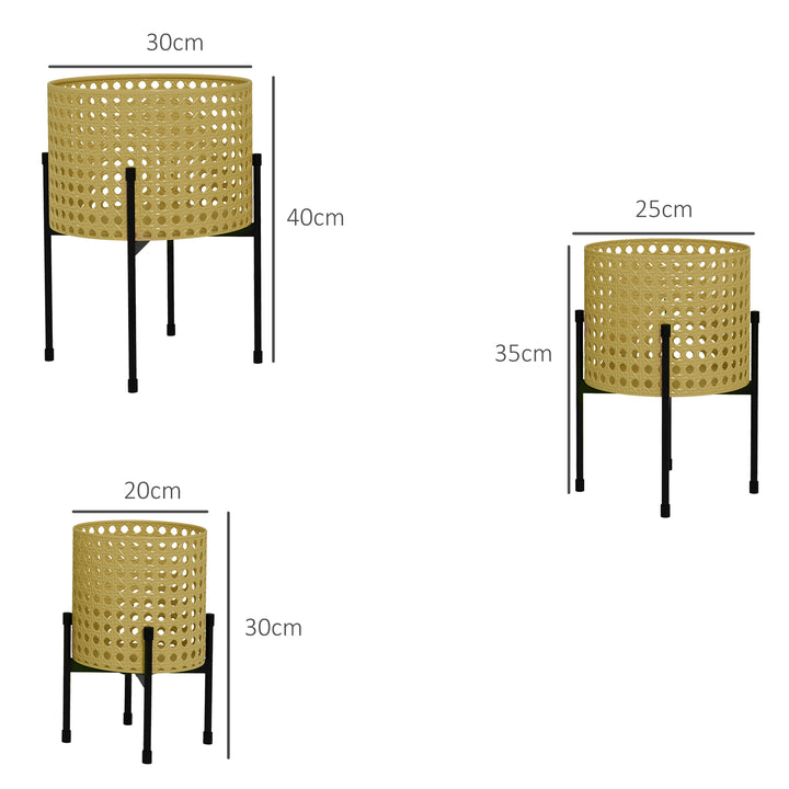 Blomsterstander, sæt med 3, rustfri metalramme, indendørs og udendørs, sort/guld