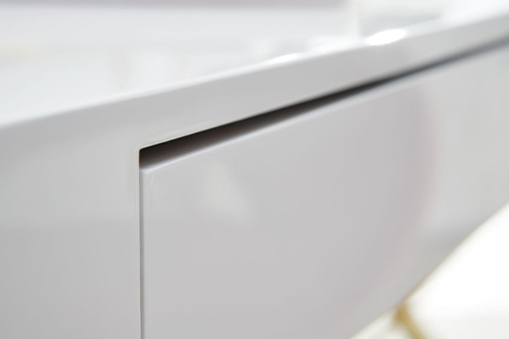 Skrivebord 118x76x57 cm, træ, højglans hvid, metalben, guld, designer computerbord, pc-bord, kontorbord, moderne, konsolbord med skuffer