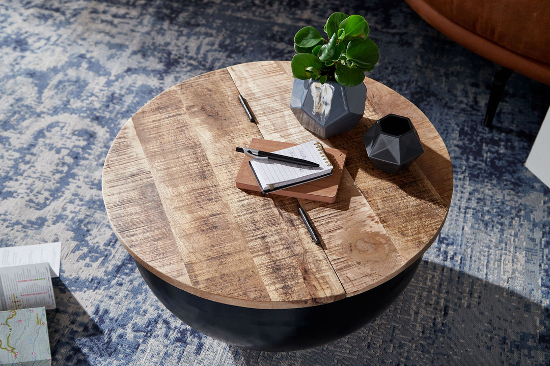 Sofabord, massivt mangotræ, metal, 60x34x60 cm, industriel stil, rundt, designer stuebord med opbevaring, moderne loungebord, sofabord, sort