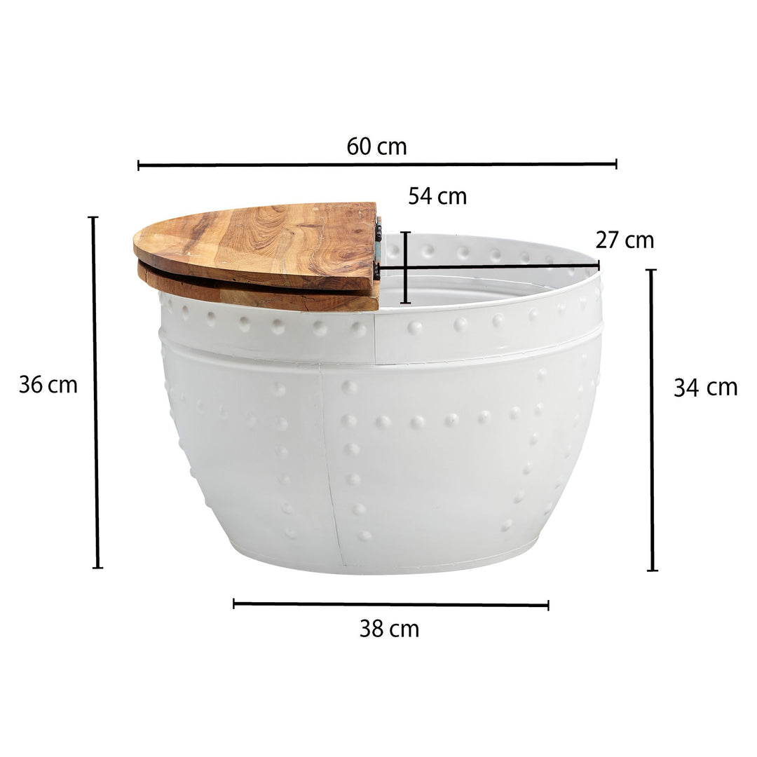 Sofabord i mangotræ, 60x36x60 cm, massivt træ og metal, hvid, industriel stil, rundt, designer stuebord med opbevaring, moderne loungebord/sofabord