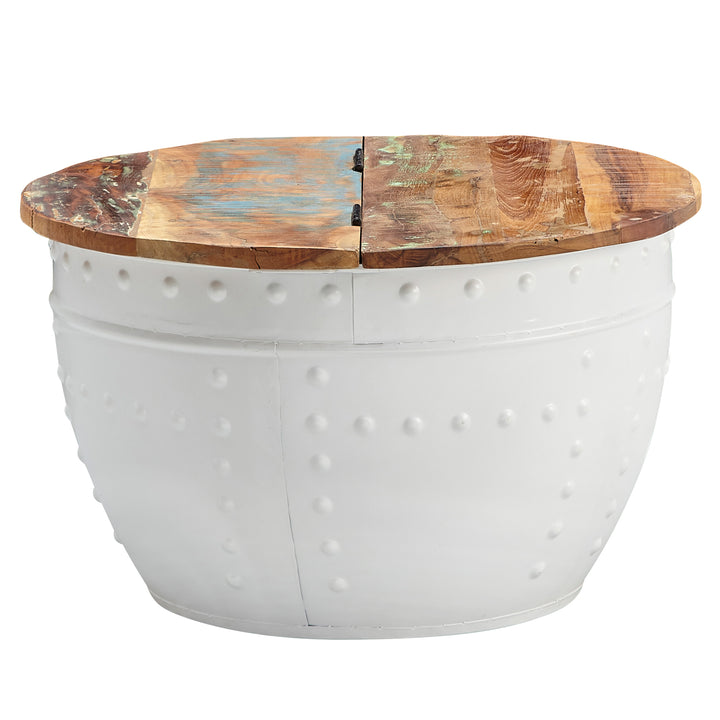 Sofabord i mangotræ, 60x36x60 cm, massivt træ og metal, hvid, industriel stil, rundt, designer stuebord med opbevaring, moderne loungebord/sofabord