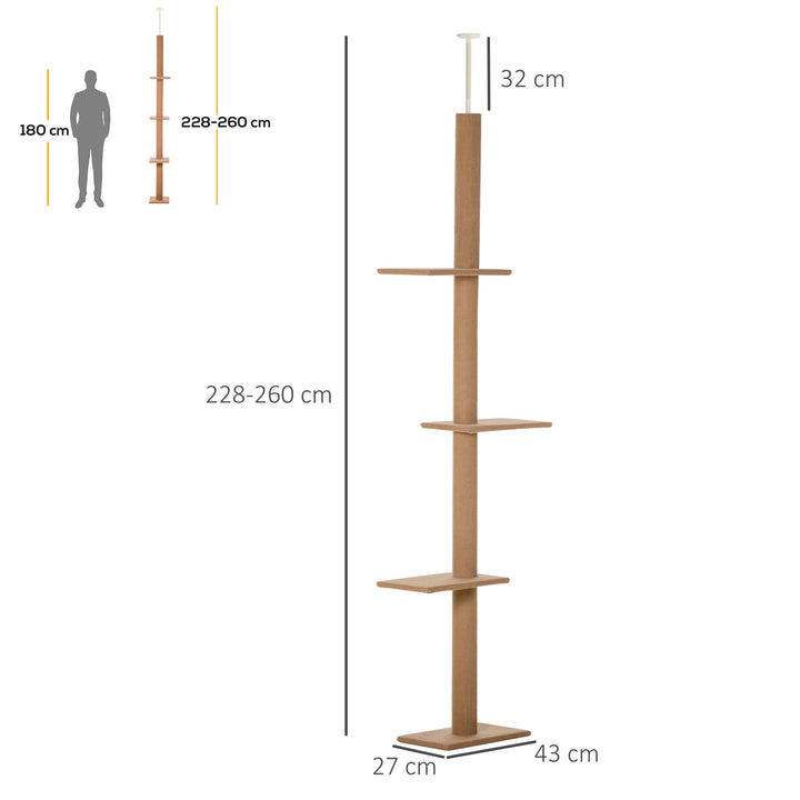 Kradsetræ lofthøjde, 228-260 cm højdejusterbart kradsetræ klatretræ til katte med 3 niveauer, kradsetræ til katte, legetræ fra gulv til loft lysebrun