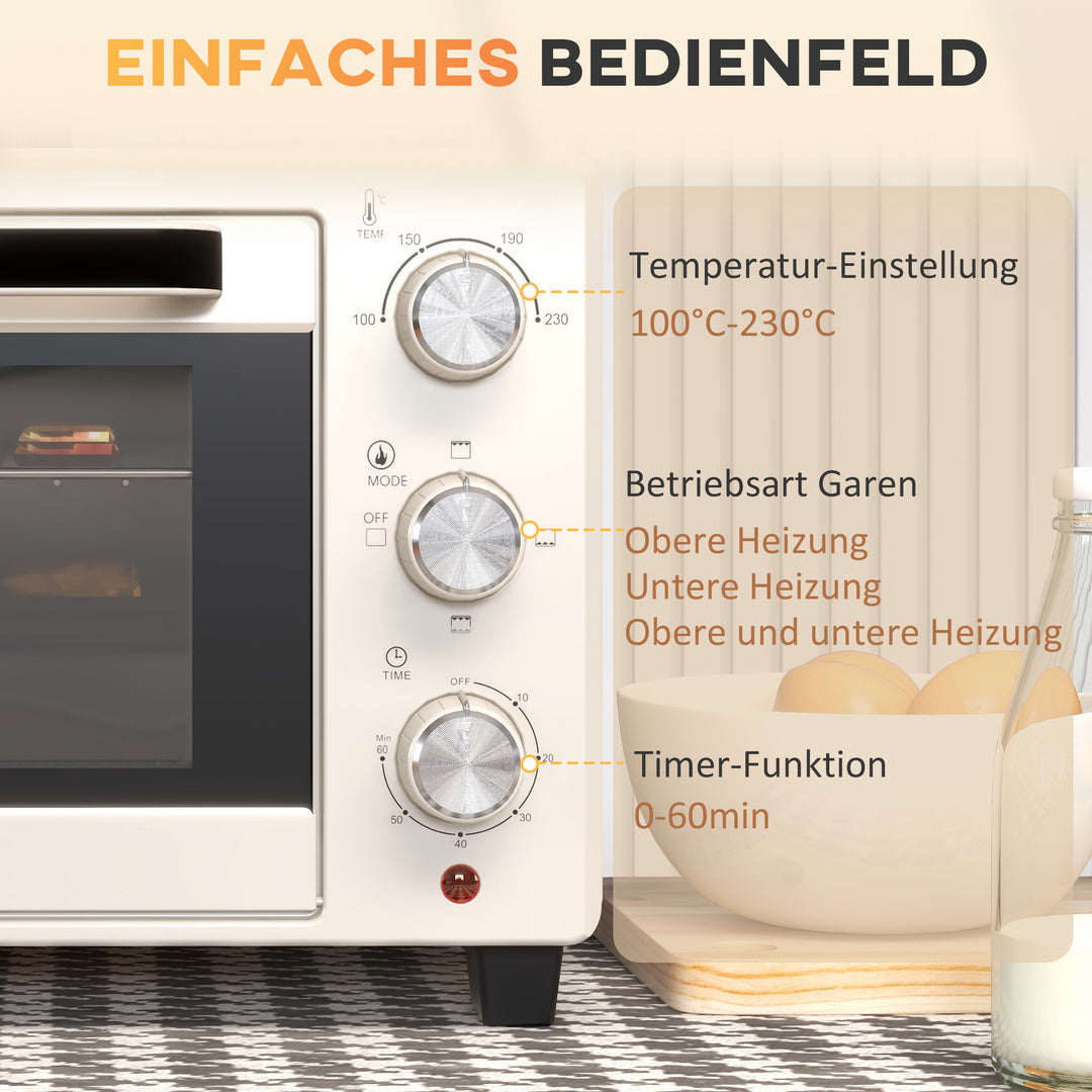 Miniovn, lille 21 l brødristerovn med 1 rist og 1 bageplade, 3 tilberedningstilstande, 100°c-230°c, rustfrit stål, glas, cremehvid