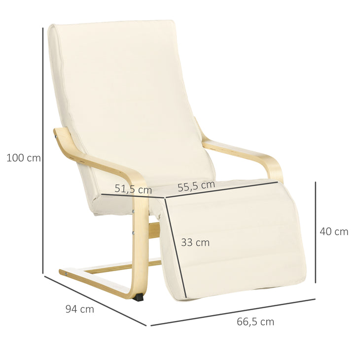 Liggestol med hynde, 5-niveau fodstøtte, birketræ, op til 120 kg, 66,5 x 94 x 100 cm, cremehvid