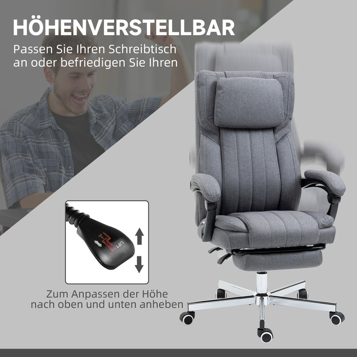 Kontorstol med massagefunktion, ryglæn med justerbar ryglæn, udtrækkelig fodstøtte, linnedlook, grå, 65 x 61 x 113 cm